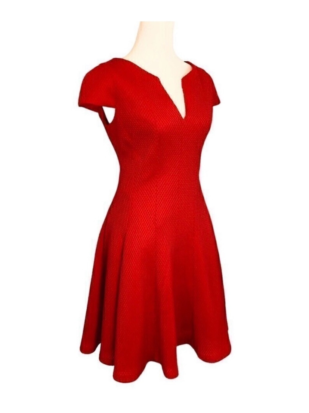 Julia Jordan Red Fit-and-Flare Cap Sleeve V-Neck Mesh Textured Dress